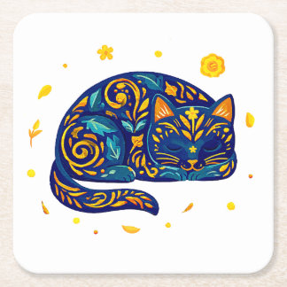 Folk Art Katt i Blå Underlägg Papper Kvadrat