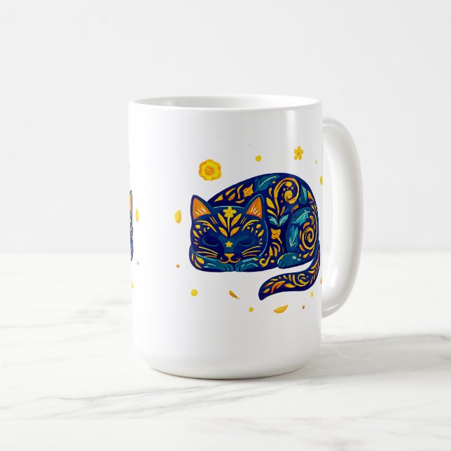 Folk Art Katt i Blått Kaffemugg (Framsida höger)