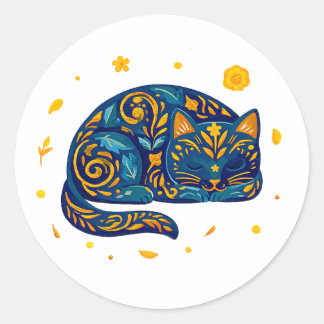 Folk Art Katt i Blått Runt Klistermärke