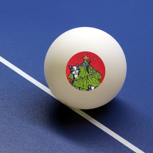 Folk Art Katter Julgran Pingisboll (Naughty cats climbing Christmas tree with star on red on ping pong ball.)