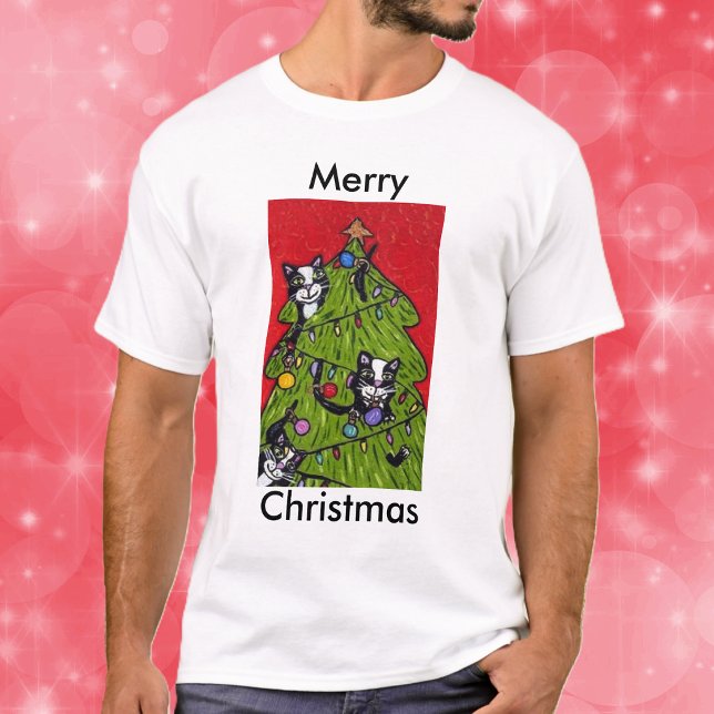 Folk Art Katter Julgran Tröja (Naught tuxedo cats climbing a decorated Christmas tree on unisex Merry Christmas tee shirt.)