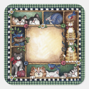Folk art Kittens Sticker Fyrkantigt Klistermärke