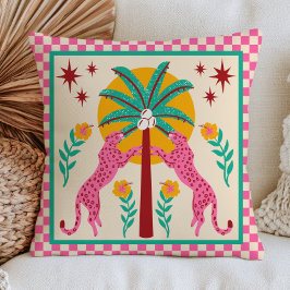 Folk Art Leoparder med Palmträd Rutig BOHO Kudde