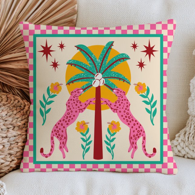 Folk Art Leoparder med Palmträd Rutig BOHO  Kudde (Skapare uppladdad)