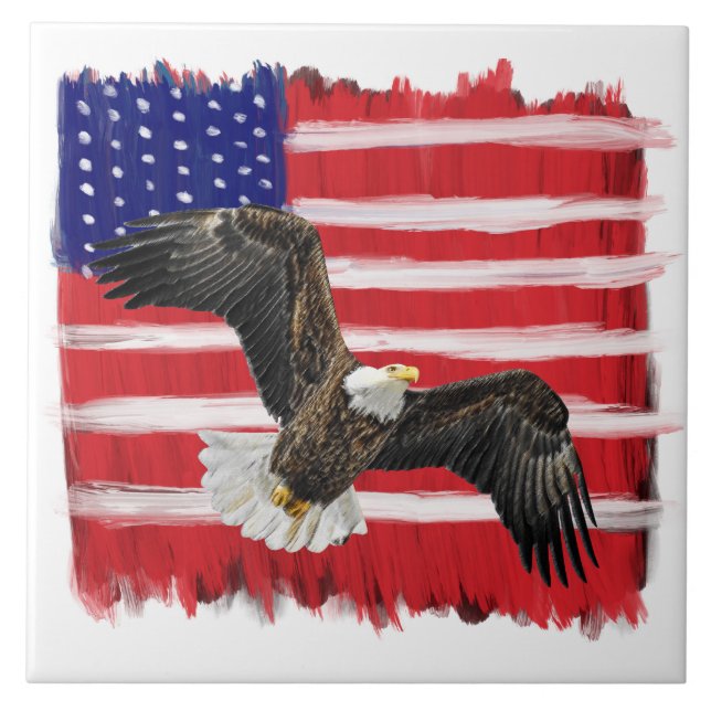 Folk Art målade Flagga och agle Kakelplatta (Framsidan)