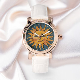 Folk Art målade Sol Ansikte på Wood Planks Dam Armbandsur