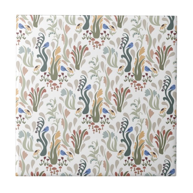 Folk Art Meadow & Blue Bird i Earth Tones Kakelplatta (Framsidan)