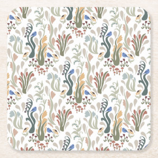 Folk Art Meadow & Blue Bird i Earth Tones Underlägg Papper Kvadrat