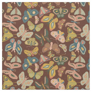 Folk Art Moths Butterflies Rosa Blue Brown Tyg