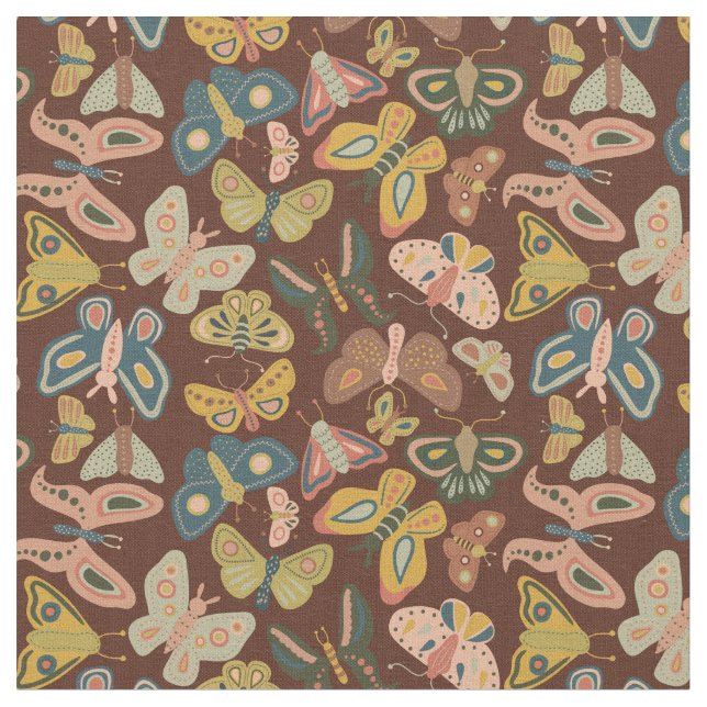 Folk Art Moths Butterflies Rosa Blue Brown Tyg (Närbild)