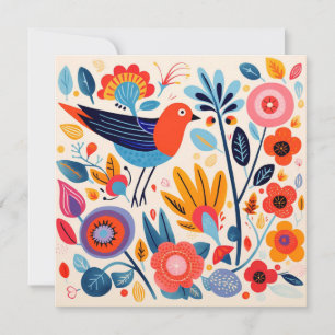 Folk Art Nordic Blommigt Bird Julkort