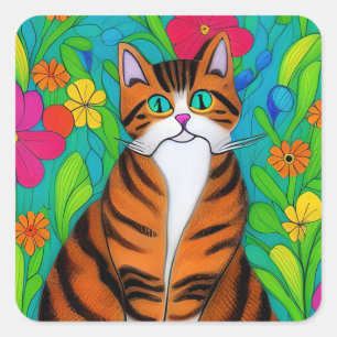 Folk Art Orange Cat and Flowers Fyrkantigt Klistermärke