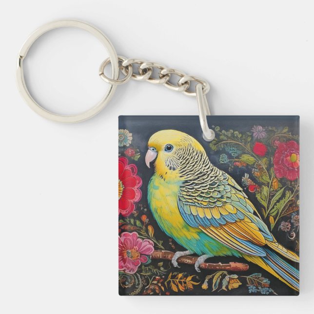 Folk Art Parakeet med Flowers (Framsidan)