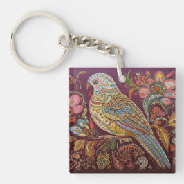 Folk Art Parakeet med Paisley och Flowers