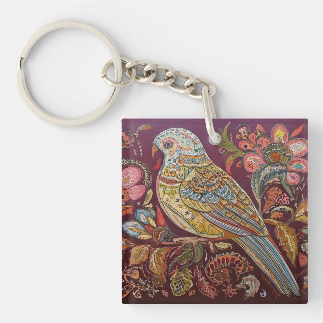 Folk Art Parakeet med Paisley och Flowers (Framsidan)