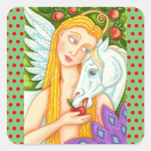 FOLK ART PEGASUS OCH KVÄLL I GARDEN EDEN, HORSE FYRKANTIGT KLISTERMÄRKE