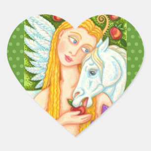 FOLK ART PEGASUS OCH KVÄLL I GARDEN EDEN, HORSE HJÄRTFORMAT KLISTERMÄRKE