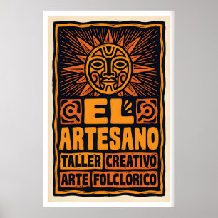 Folk Art-poster Sol Ansikte Fet Blockutskrift i Poster