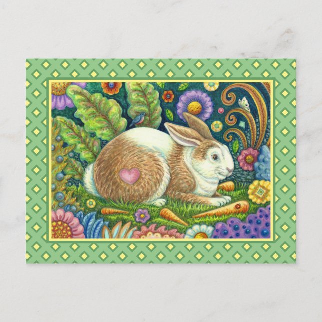 FOLK ART RABBIT & BLUEBIRD IN SECRET GARDEN VYKORT (Framsida)