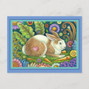 FOLK ART RABBIT & BLUEBIRD IN SECRET GARDEN VYKORT