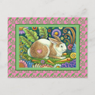 FOLK ART RABBIT & BLUEBIRD IN SECRET GARDEN VYKORT