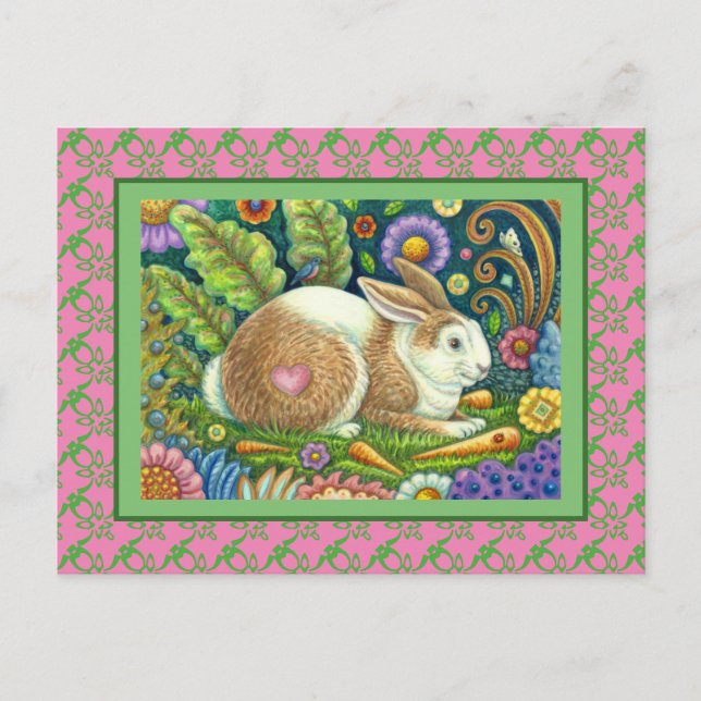 FOLK ART RABBIT & BLUEBIRD IN SECRET GARDEN VYKORT (Framsida)