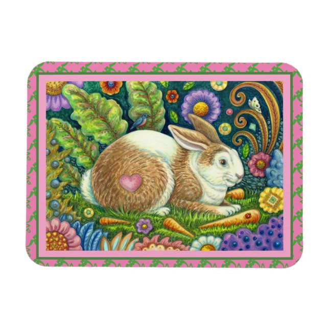 FOLK ART RABBIT, BLUEBIRD, WHIMSICAL SECRET GARDEN MAGNET (Horisontell)