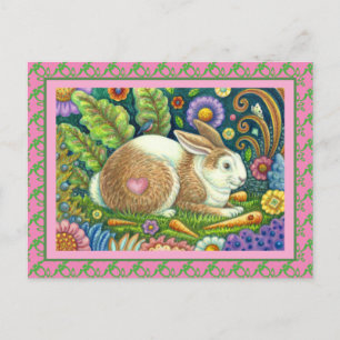 FOLK ART RABBIT, BLUEBIRD, WHIMSICAL SECRET GARDEN VYKORT