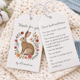 Folk Art Rabbit Handmade Care Instructions Presentetikett