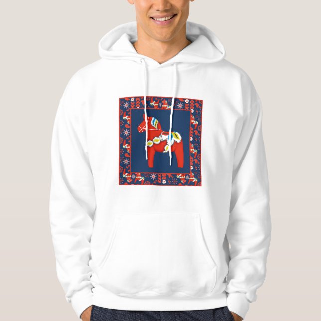 Folk Art Red Swedish Dala Horse and Mönster Hoodie (Framsida)
