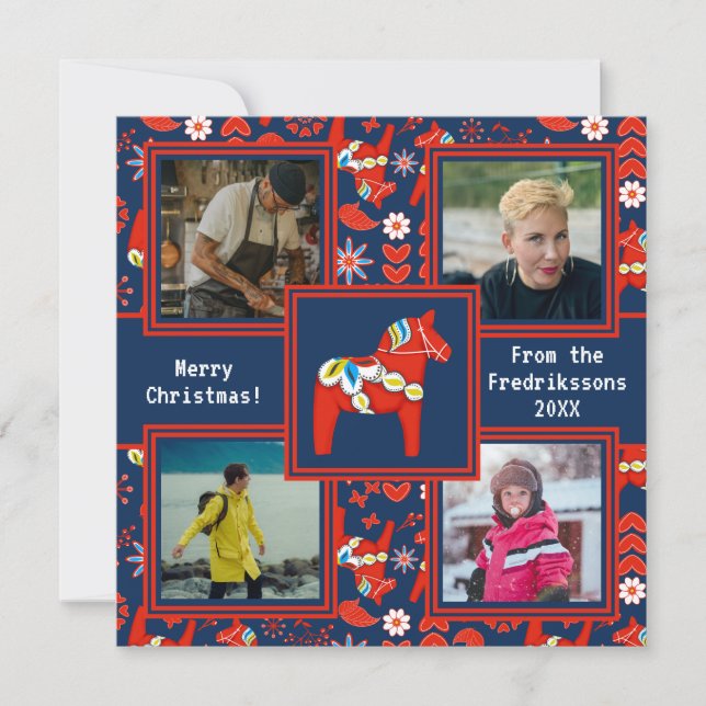 Folk Art Red Swedish Dala Horse Mönster 4 Photo Julkort (Framsida)