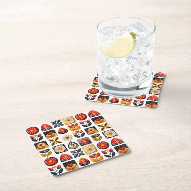 Folk Art Retro Blommigt Mosaic Coziness Underlägg Papper Kvadrat (Insitu)