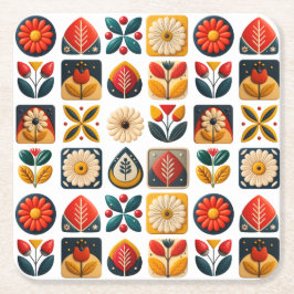 Folk Art Retro Blommigt Mosaic Coziness Underlägg Papper Kvadrat