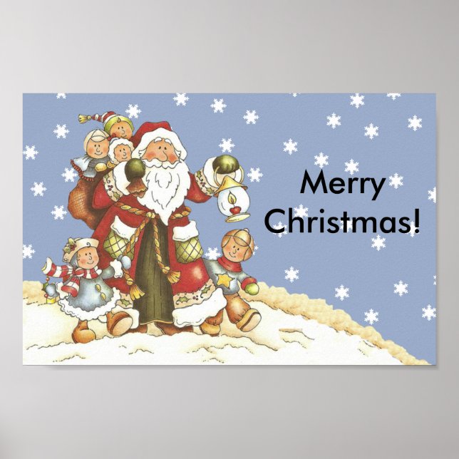 Folk Art Santa Kids Snöflingor Poster (Framsidan)