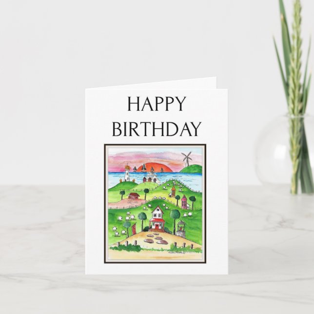 Folk Art, Seaside, Village, Birthday Card Kort (Framsida)