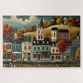 Folk Art Small Town Street på hösten Pussel