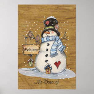 Folk Art Snögubbe på gammal tidskrift Poster