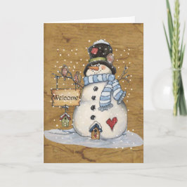 Folk Art Snögubbe på parkeringshälsningskort Helgkort