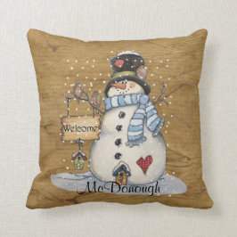 Folk Art Snöman på gammal tidning Kudde