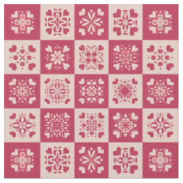 Folk Art Stenciled Heart Mönster Red and Rosa Tyg