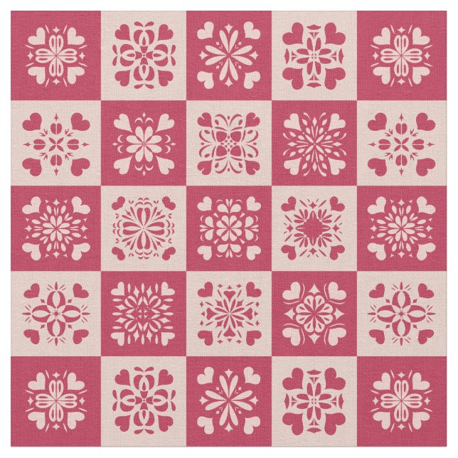 Folk Art Stenciled Heart Mönster Red and Rosa Tyg (Närbild)