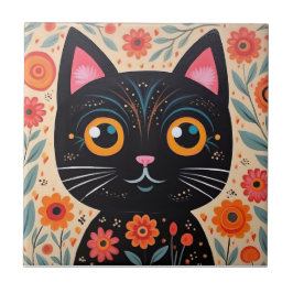 Folk Art Stil Black Cat Kakelplatta