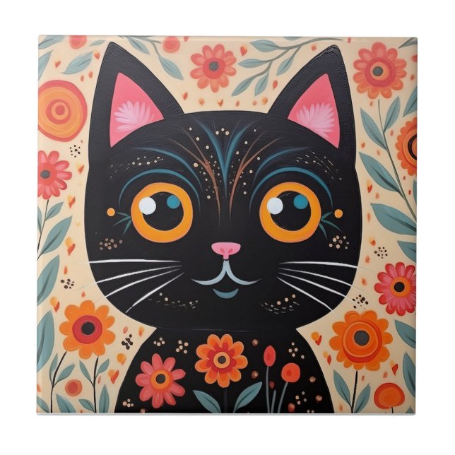 Folk Art Stil Black Cat Kakelplatta (Framsidan)
