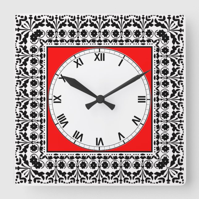 Folk Art Stil Black Red and White Land Kitchen Fyrkantig Klocka (Framsida)