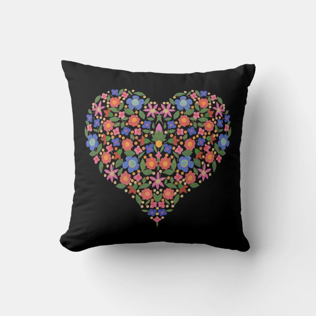 Folk Art Stil Blommigt Heart på Black Pillow Kudde (Framsida)