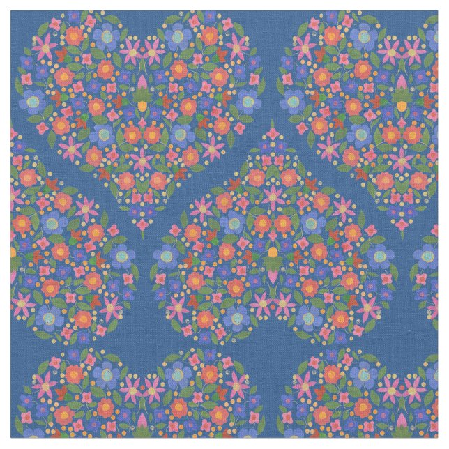 Folk Art Stil Blommigt Heart på Blue Anpassningsba Tyg (Närbild)