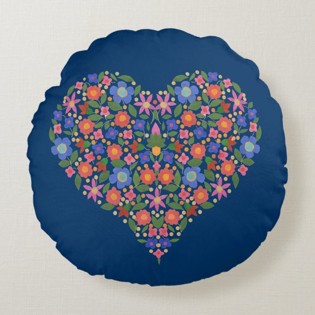 Folk Art Stil Blommigt Heart på Blue Dekorativ kud Rund Kudde (Framsidan)