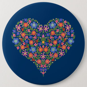Folk Art Stil Blommigt Heart på Blue Round Button Knapp