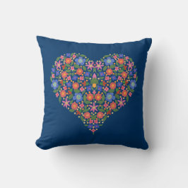 Folk Art Stil Blommigt Heart på Moody blå Pillow Kudde