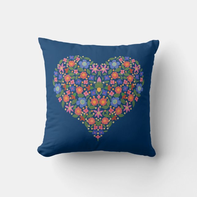 Folk Art Stil Blommigt Heart på Moody blå Pillow Kudde (Framsida)